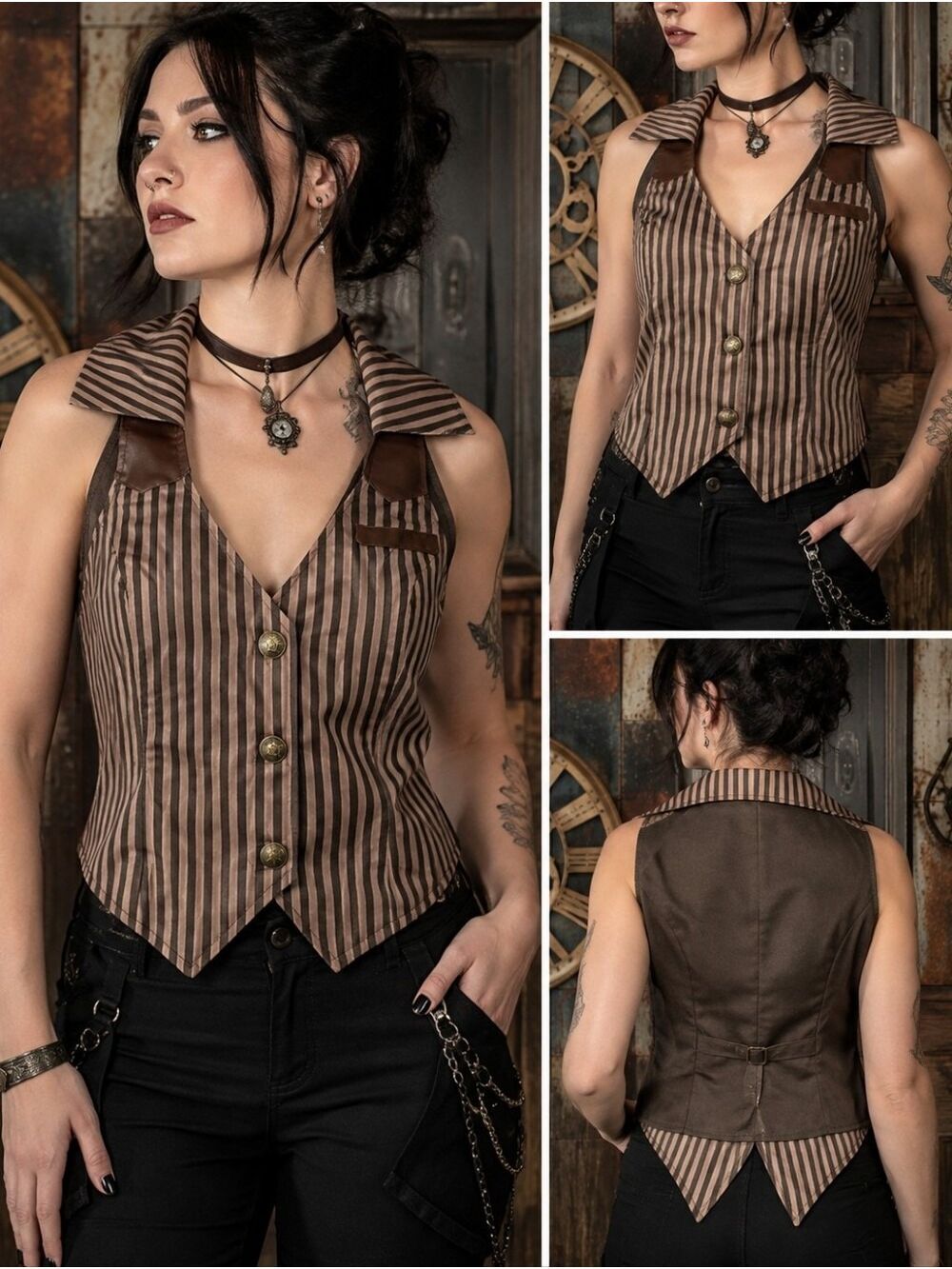 Steampunk Brown Striped Victorian Vest One Size Brass Buttons Cosplay Gothic